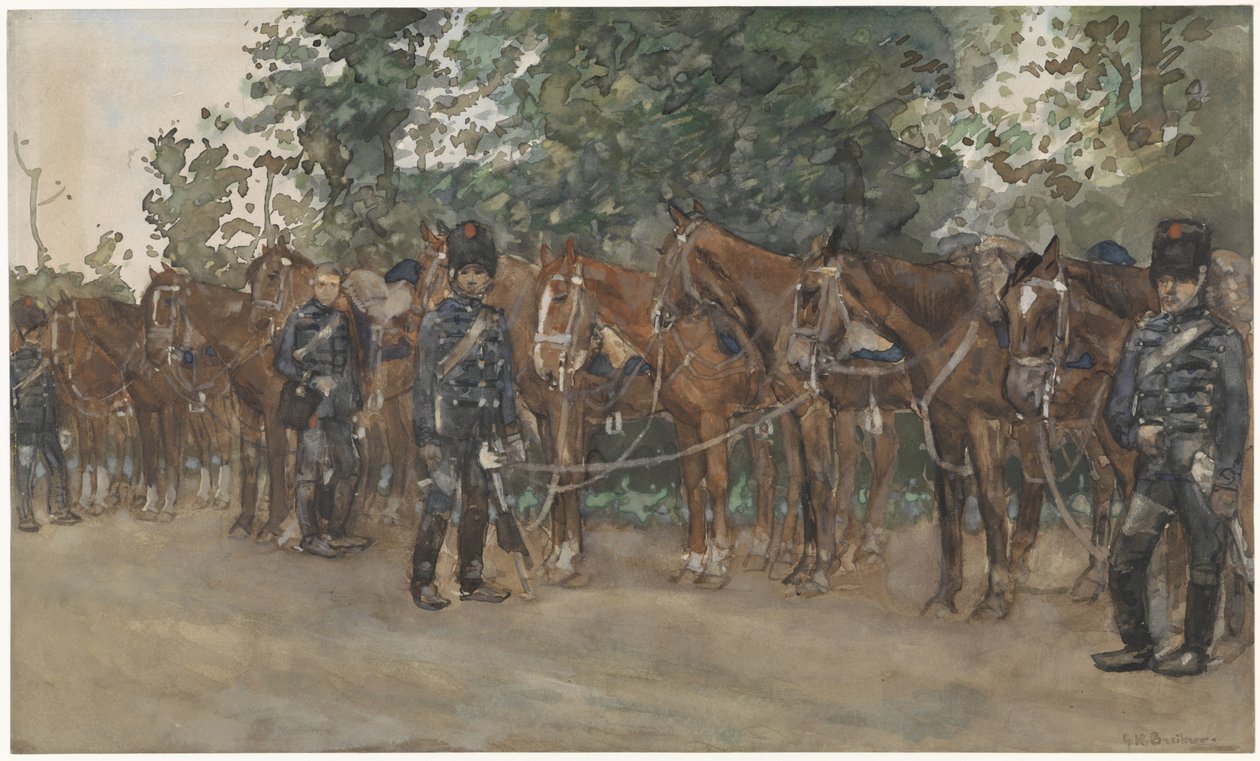 Hussardos ao lado dos seus cavalos à beira da estrada de George Hendrik Breitner