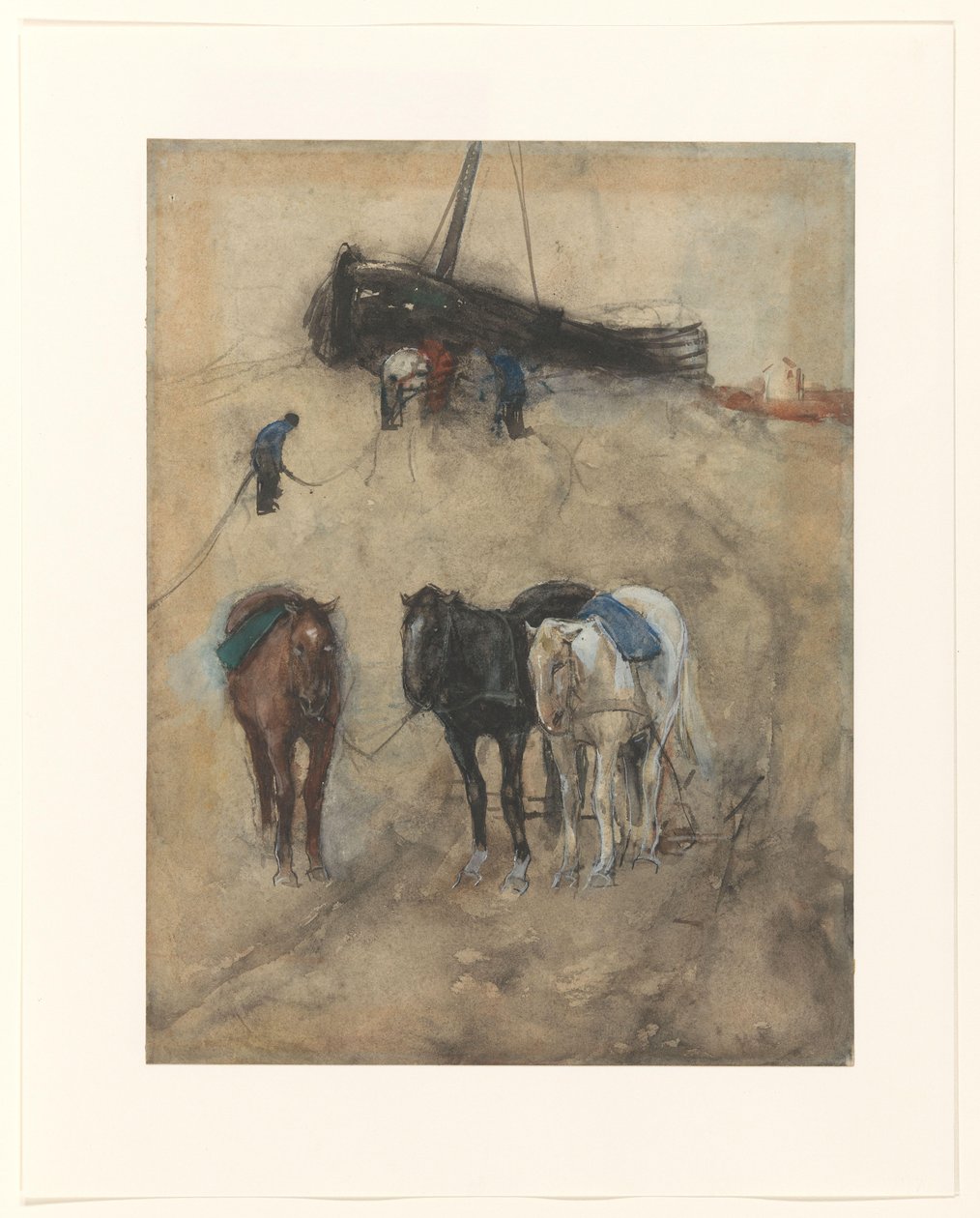 Cavalos na praia, ao fundo uma barcaça e pescadores de George Hendrik Breitner