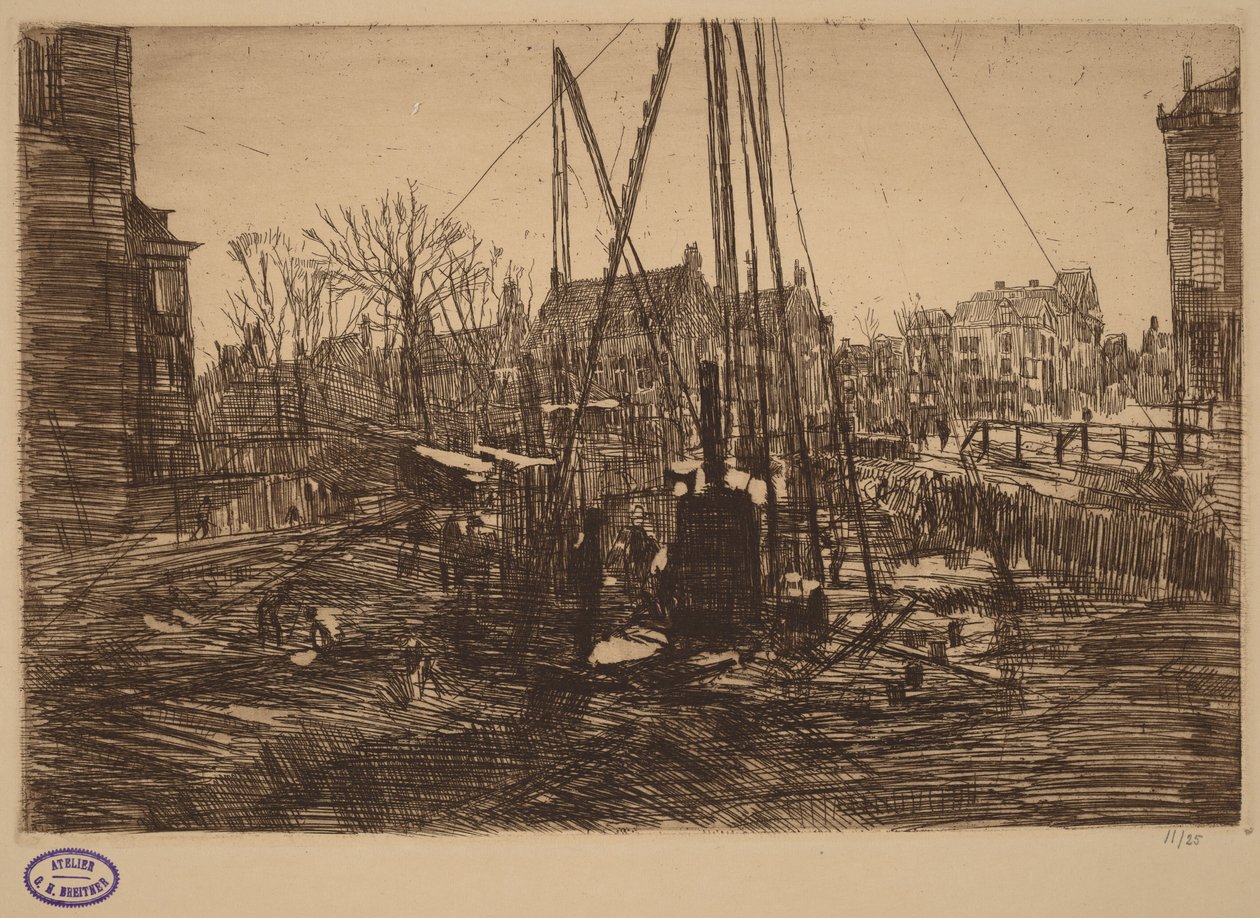 Cena numa cidade neerlandesa com bate-estacas em primeiro plano de George Hendrik Breitner