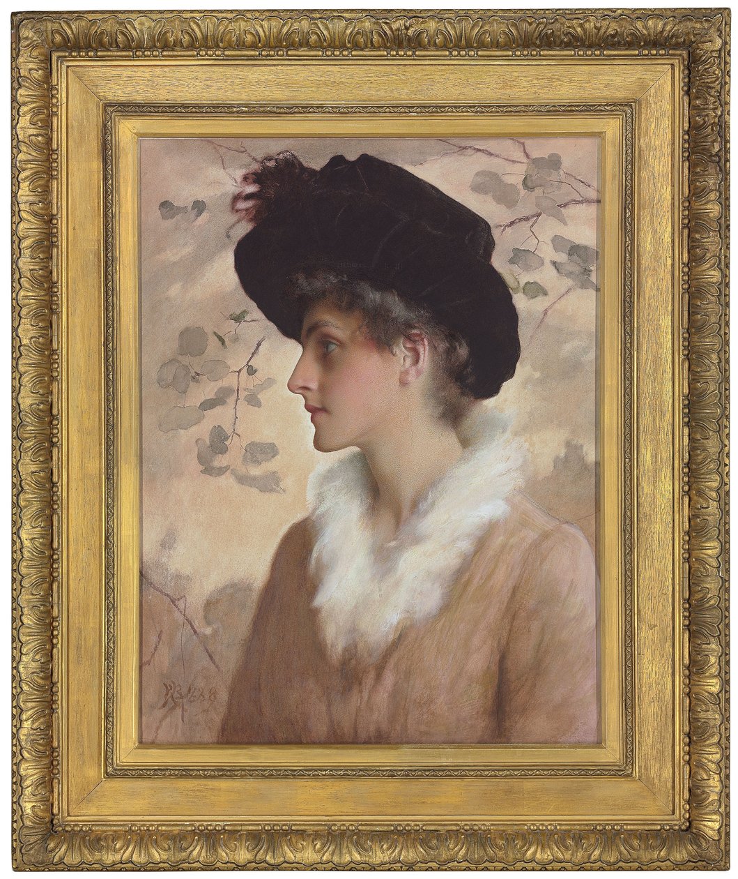 Retrato de uma senhora, meio comprimento, usando um chapéu preto e estola de pele, 1888 de George Henry Boughton