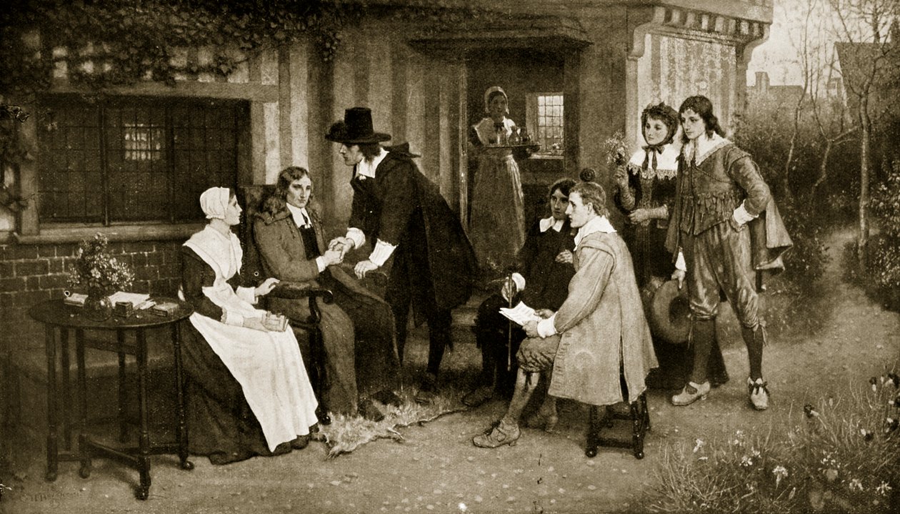 O encontro de Milton e Andrew Marvell, ilustração da &39;Hutchinson&39;s Story ofthe British Nation&39;, c.1923 de George Henry Boughton