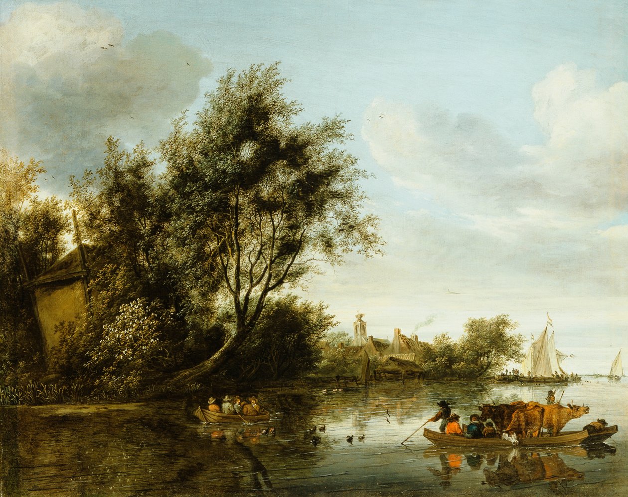 Uma paisagem de rio com um palheiro entre árvores e uma balsa com passageiros e gado de George Henry Clements