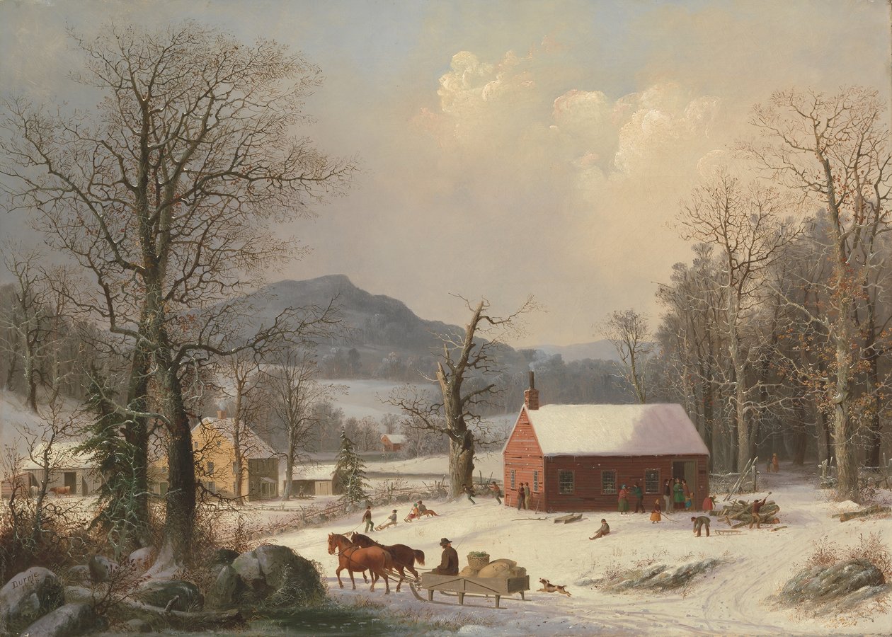 Cena vermelha do país da casa da escola, 1858. de George Henry Durrie
