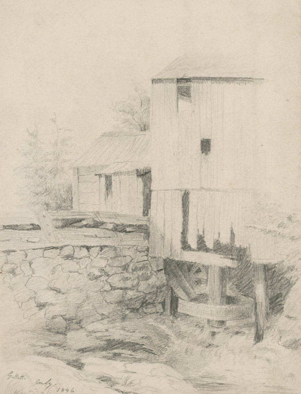 The Old Mill, 1846 (grafite em papel tufado) de George Henry Hall