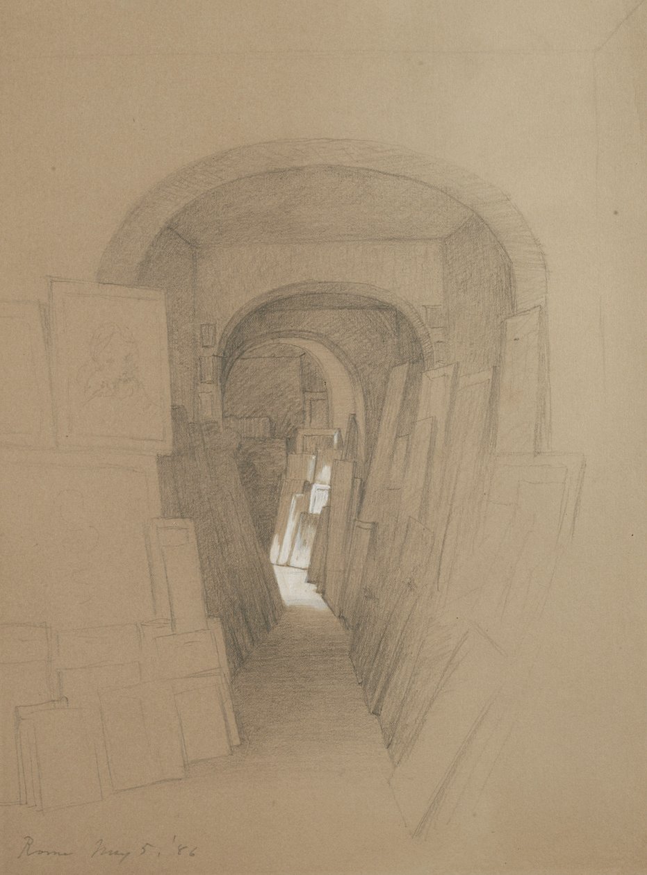 Untitled - Estúdio de artistas, Roma, 1886 (grafite aumentado com guache branco em papel marrom) de George Henry Hall