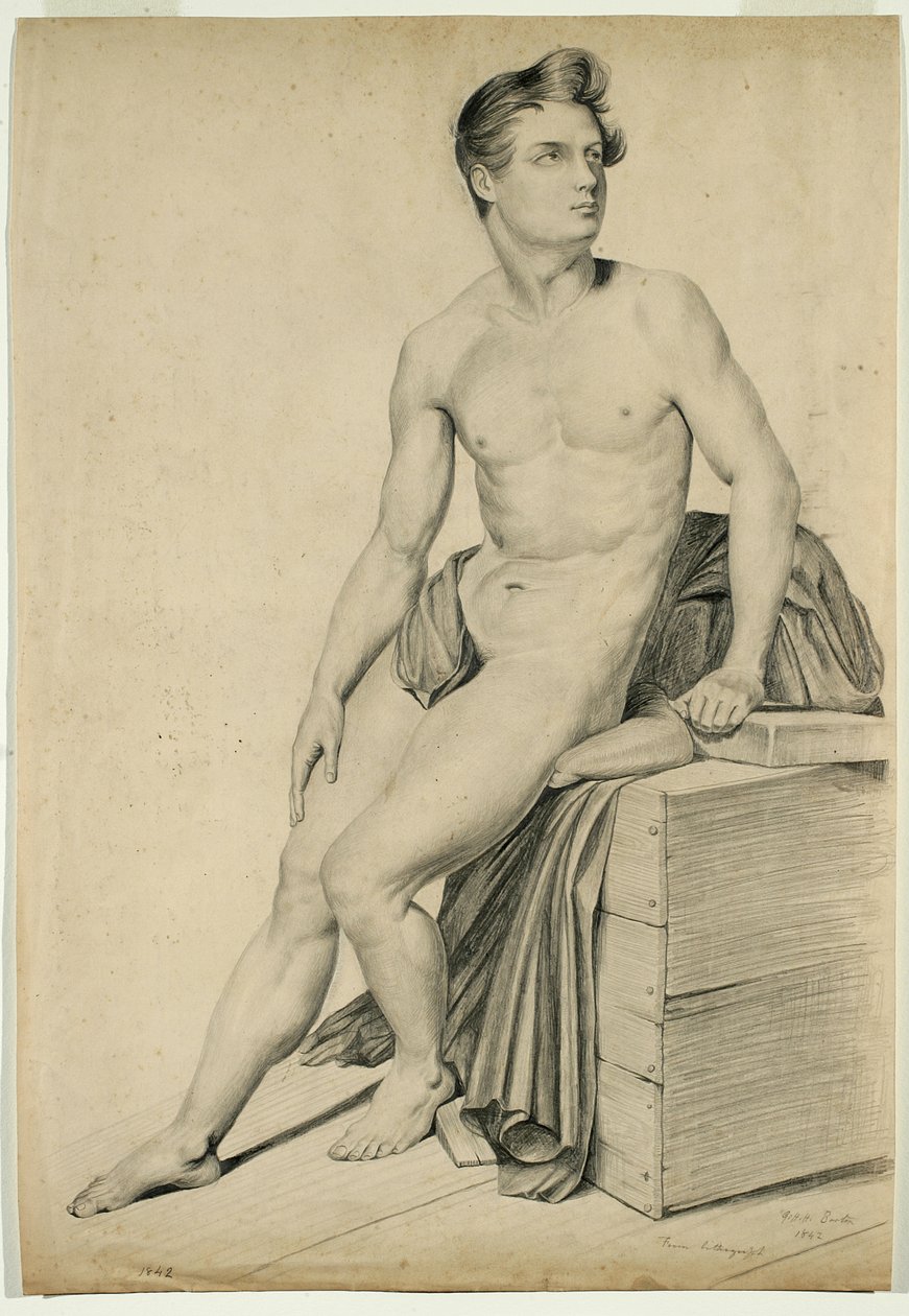 Untitled - Macho nu copiado de uma litografia de 1842 (grafite em papel de capa amarela) de George Henry Hall