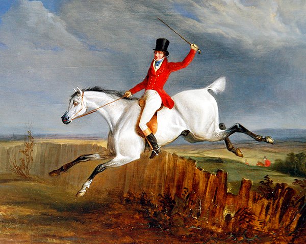 Cavalheiro no seu caçador cinzento (óleo no painel) de George Henry Laporte