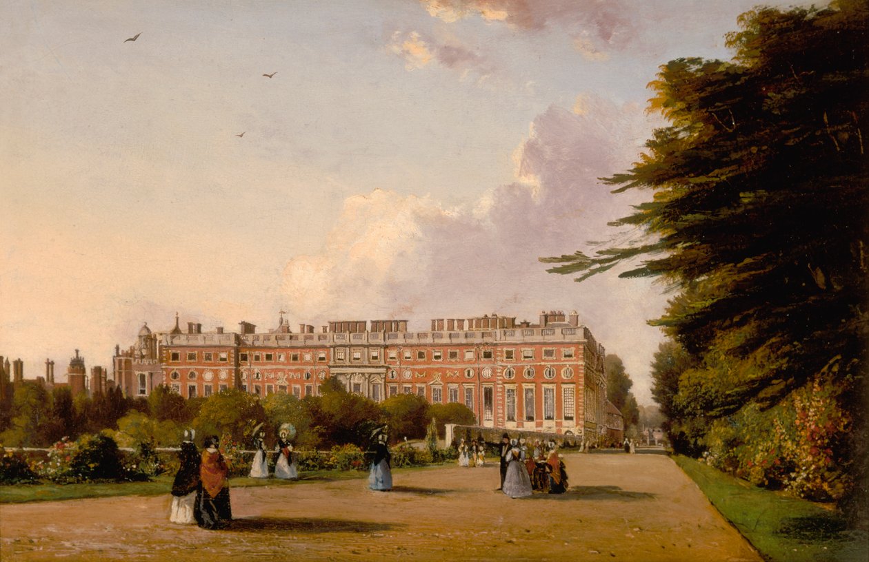 Vista da Frente Sul do Palácio do Tribunal de Hampton desde o Broad Walk, c.1827-49 (óleo sobre tela) de George Hilditch