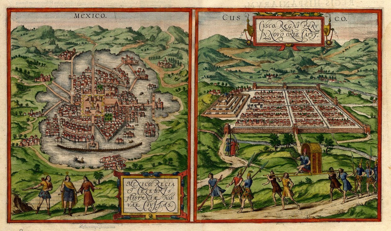 Vistas da Cidade do México (antiga Tenochtitlán) e de Cusco de George & Hogenberg Frans & Pinet Antoine du Braun