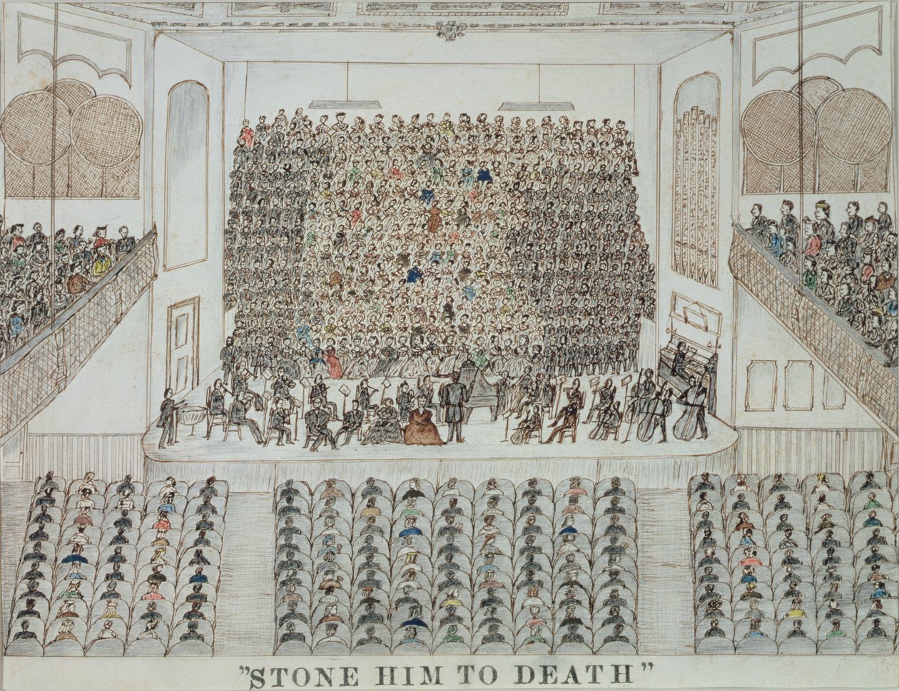 Apedrejai-o até à morte! 1871-76 (caneta e tinta e aguarela sobre papel) de George Holten Perkins