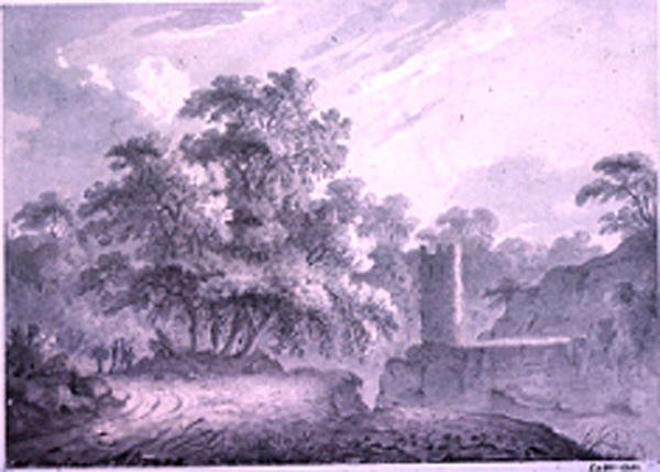Uma estrada secundária com viajantes ao lado de uma torre, construída em um penhasco rochoso, em Marino, perto do lago Albano de George Howland Beaumont