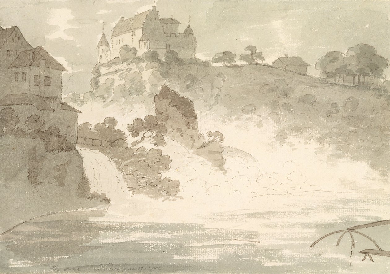 Cai em Schauffhausen, 1782 (wc sobre grafite com caneta e tinta no papel) de George Howland Beaumont