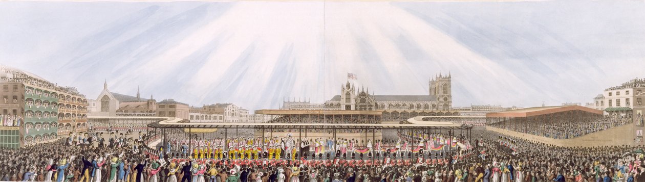 Vista da procissão de coroação do rei George IV de Westminster Hall para a Abadia, 19 de julho de 1821 (aquatint) de George Humphrey