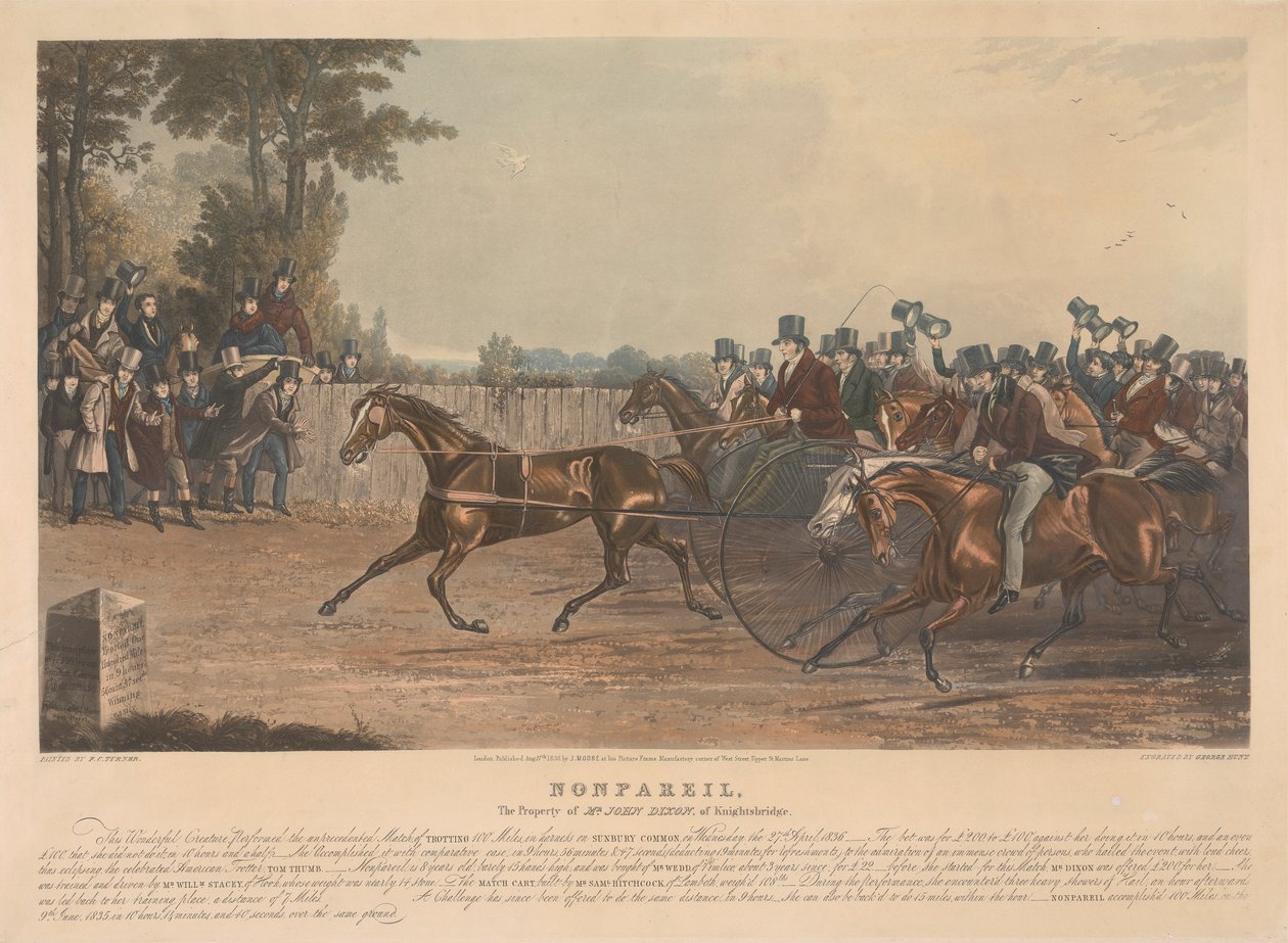 "Nonpareil" / The Property of Mr. John Dixon of Knightsbridge / This Wonderful Creature, Performed the unprecedented Match, of Trotting 100 Miles in harness on Sunbury Common, on Wednesday the 27th April, 1836. ... de George Hunt