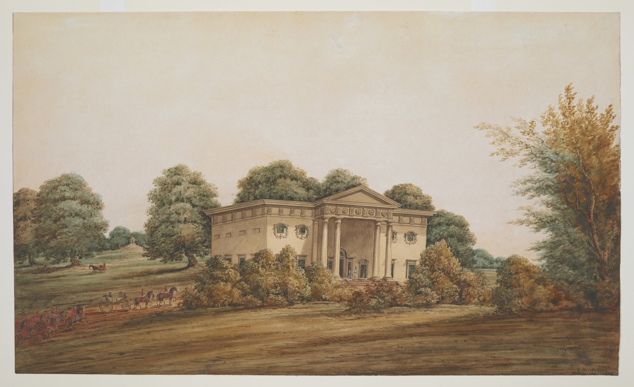 Uma casa de jardim paladiana numa paisagem semelhante a um parque, Deli, com uma carruagem e outriders a aproximarem-se de George Hutchinson