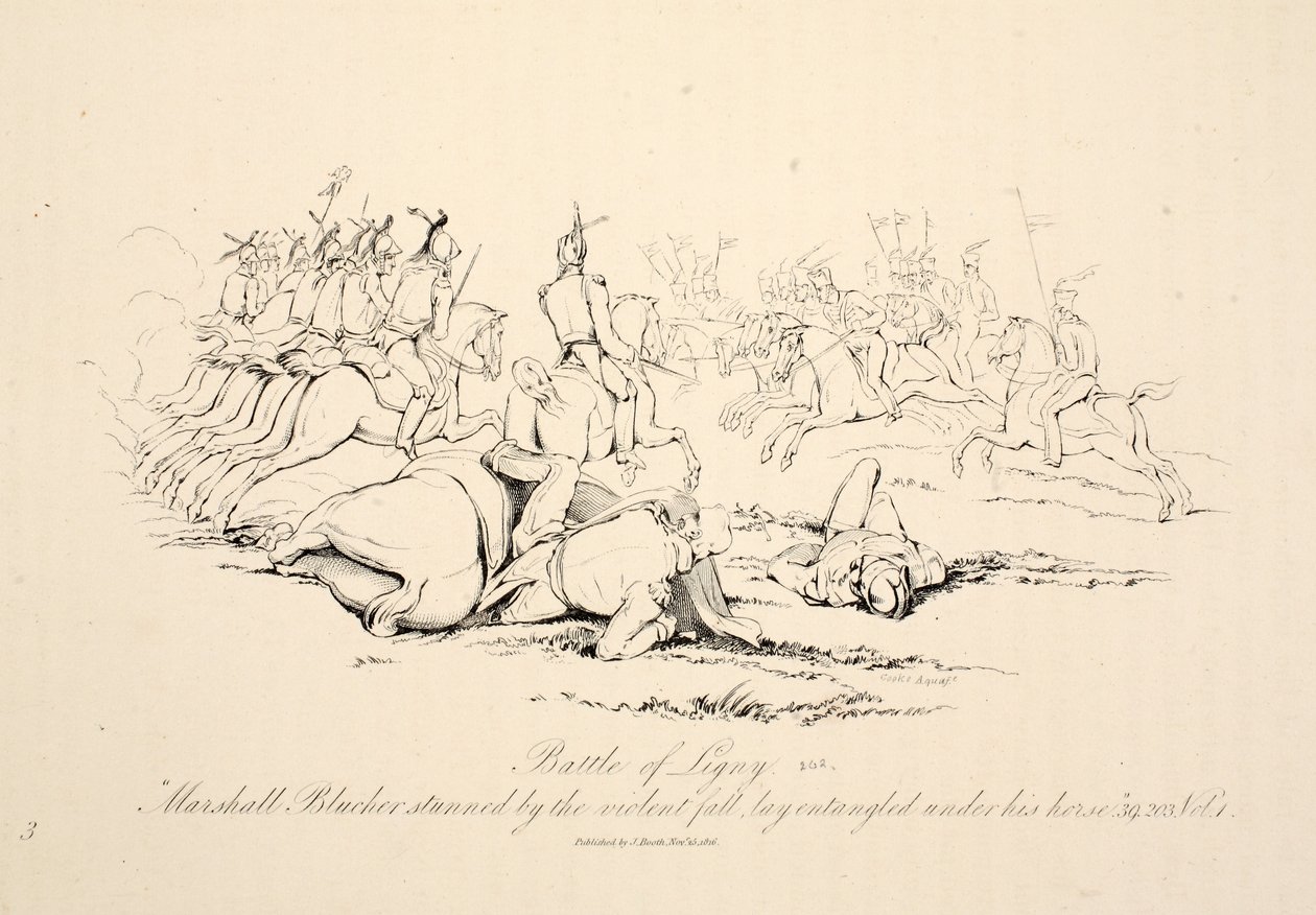 Batalha de Ligny: Marshall Blucher atordoado pela queda violenta estava emaranhado embaixo de seu cavalo, pub J. Booth, 1816 de George Jones