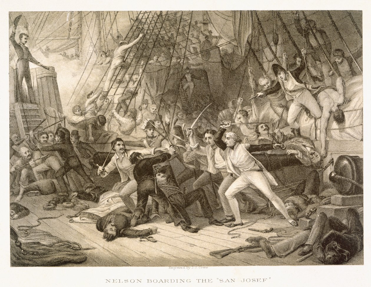 Horatio Nelson embarcando no San Josef na Batalha de Cabo de São Vicente, em 14 de fevereiro de 1797, gravado por John Crew após o original na Colecção do Hospital de Greenwich de George Jones