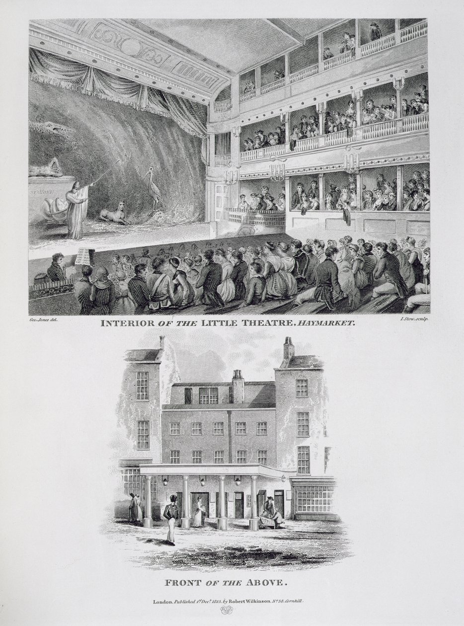 Interior do pequeno teatro, Haymarket em Londres e a frente do acima, gravada por James Stow (c.1770-1820) 1815 de George Jones