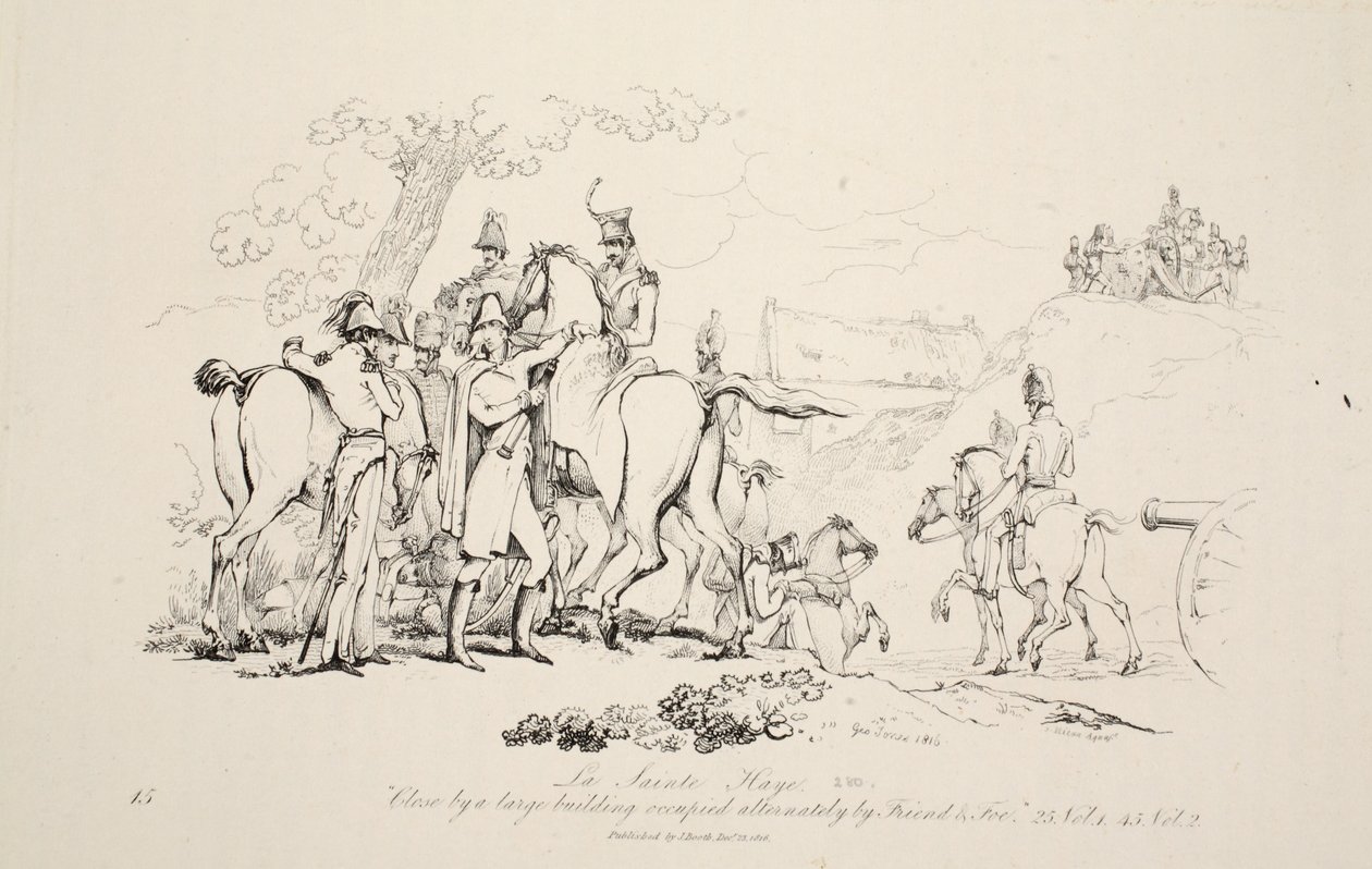 La Sainte Haye: Perto de um grande edifício ocupado alternadamente por Amigo e Inimigo, pub. J. Booth, 1816 de George Jones