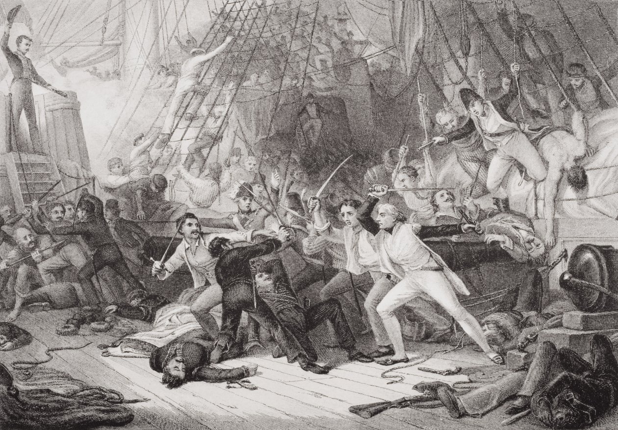 Nelson embarcou no San Josef na Batalha de São Vicente, em 14 de fevereiro de 1797, de "Ilustrações da História Escocesa e Inglesa", Volume II de George Jones