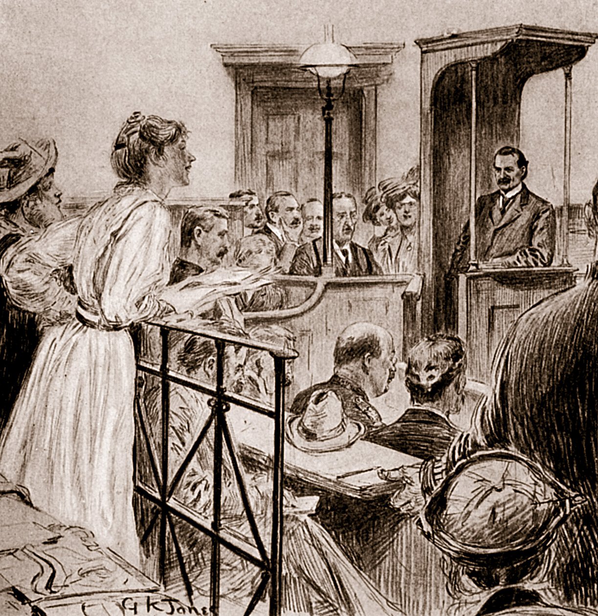 Miss Christabel Pankhurst questionando o Sr. Herbert Gladstone, 1909 (desenho) de George Kingston Jones