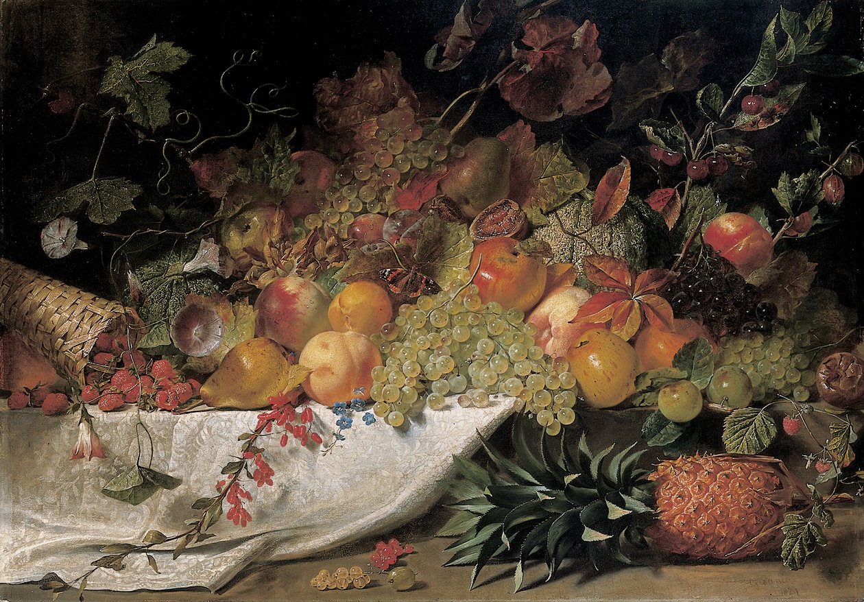Frutas e flores em uma borda de pedra, 1829 de George Lance