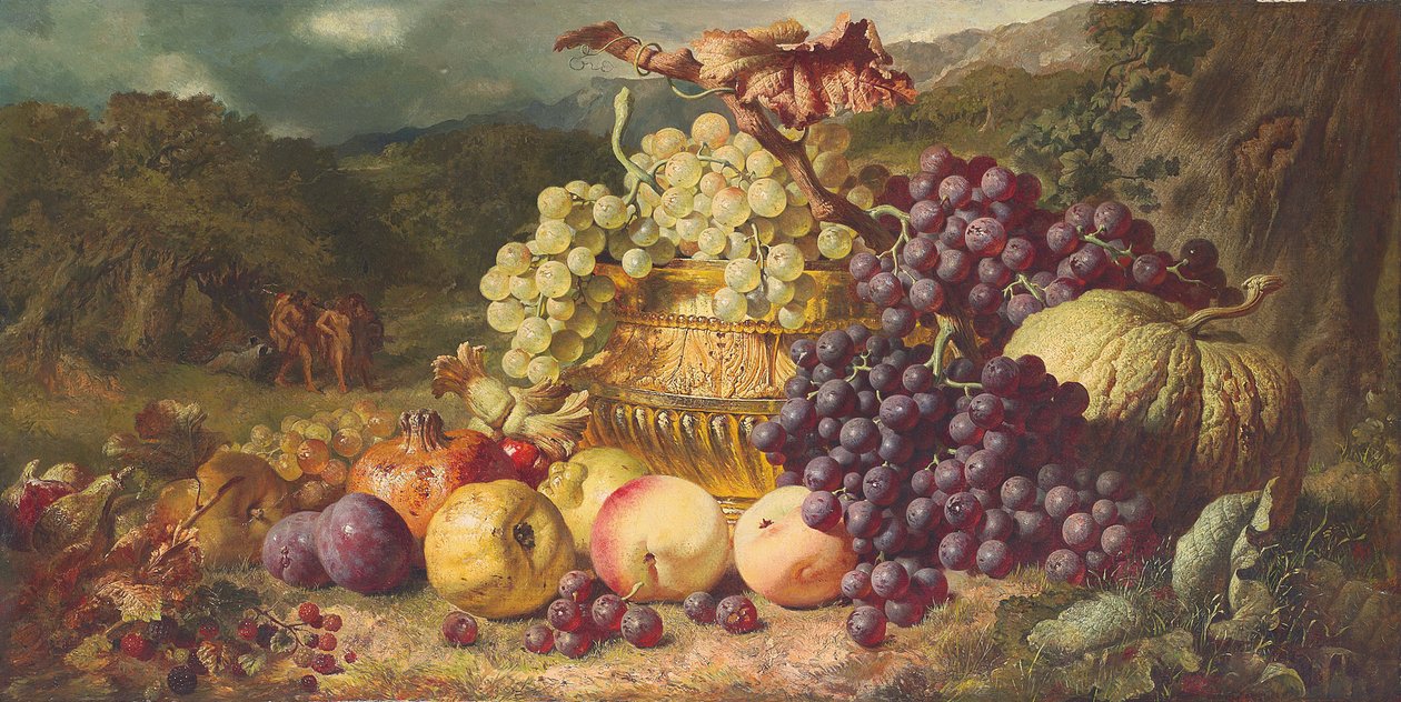 Natureza morta com frutas em uma paisagem, uma festa de caça além, 1859 de George Lance