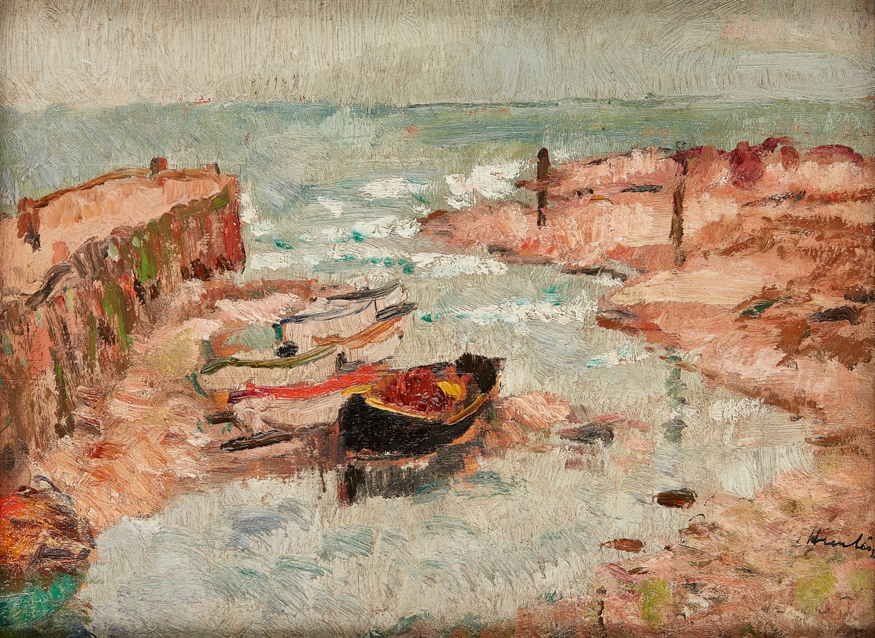 Barcos Encalhados, Baixo Largo (óleo no painel) de George Leslie Hunter
