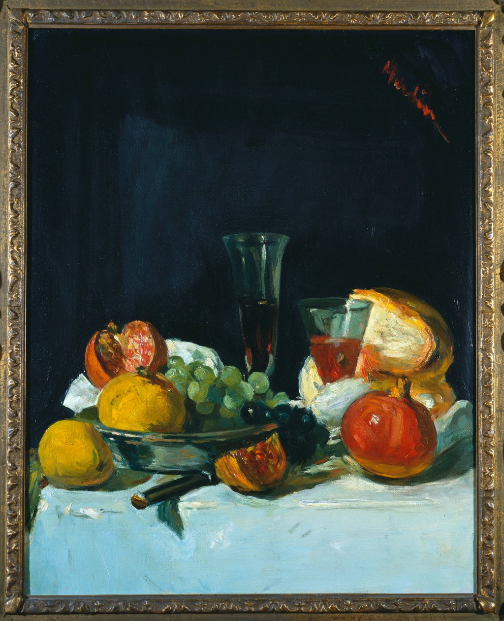 Uvas, limões e romãs com taças de vinho branco e pão de George Leslie Hunter