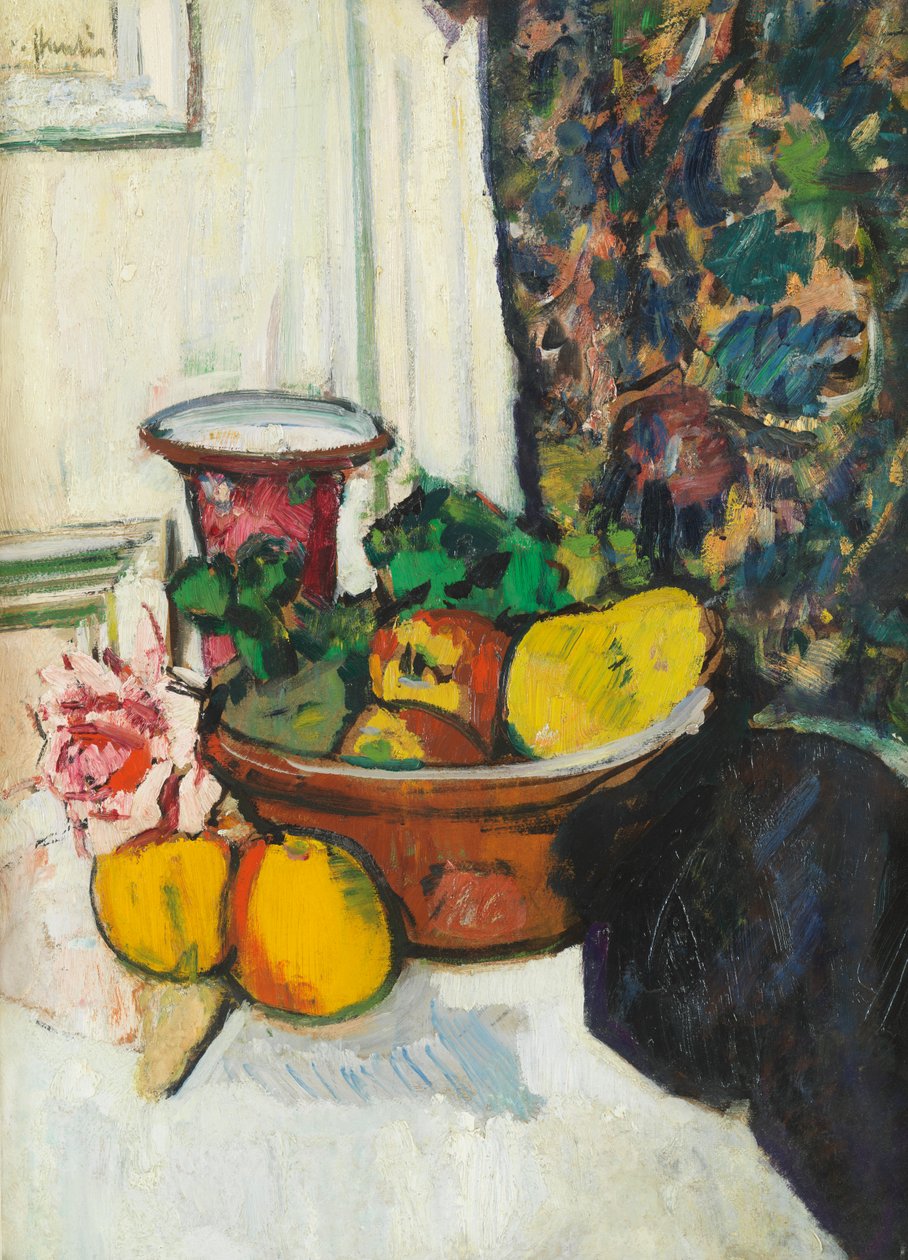 Natureza morta com frutas e rosa rosa (óleo a bordo) de George Leslie Hunter
