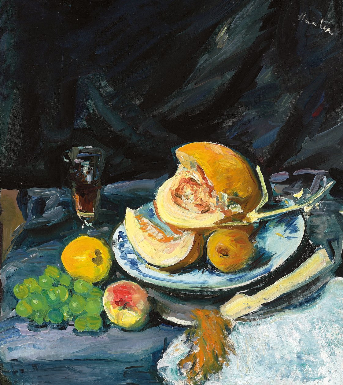 Natureza morta com melão cortado, vidro e ventilador, c. 1920 de George Leslie Hunter