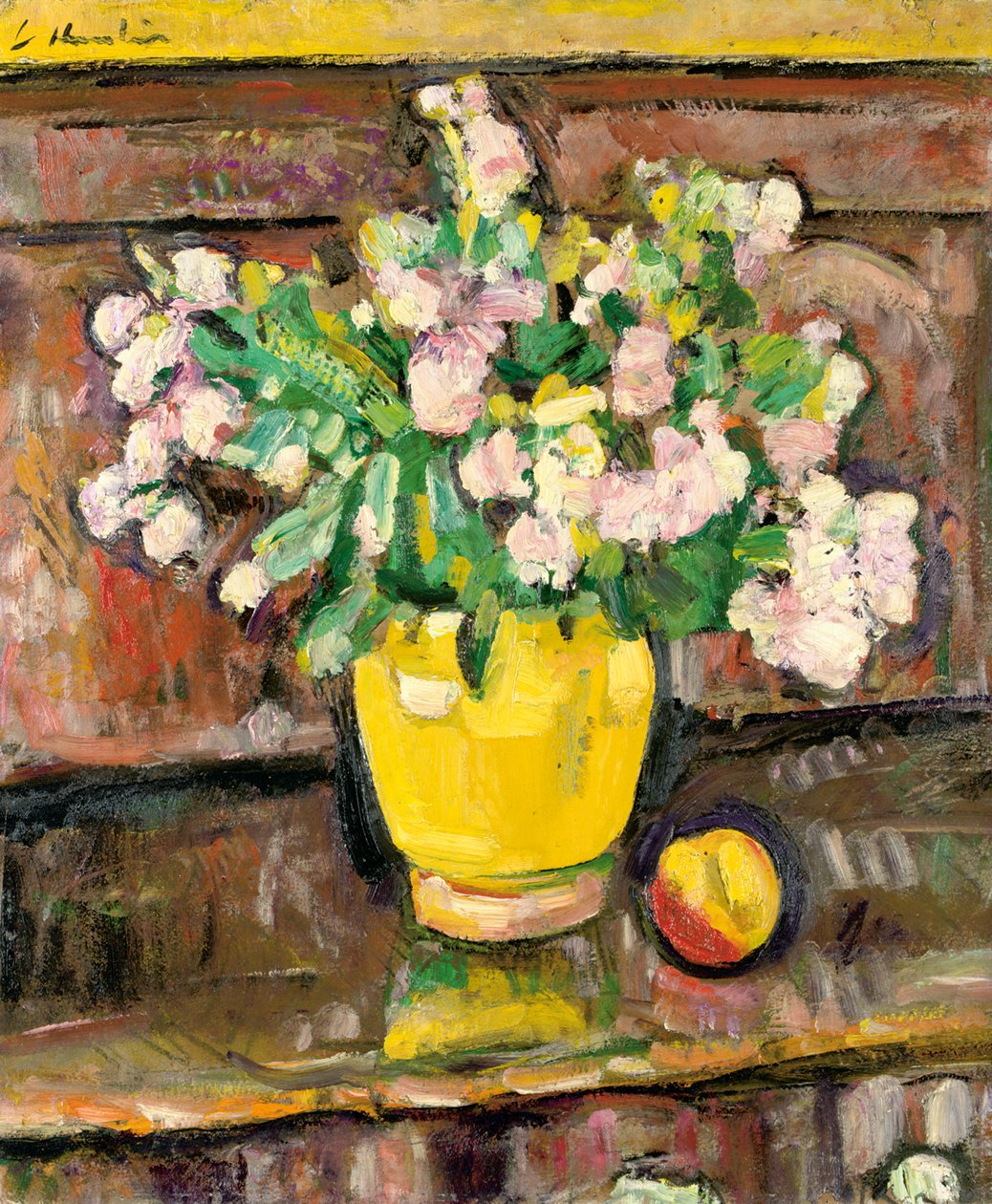 Natureza morta com flores em um vaso amarelo de George Leslie Hunter