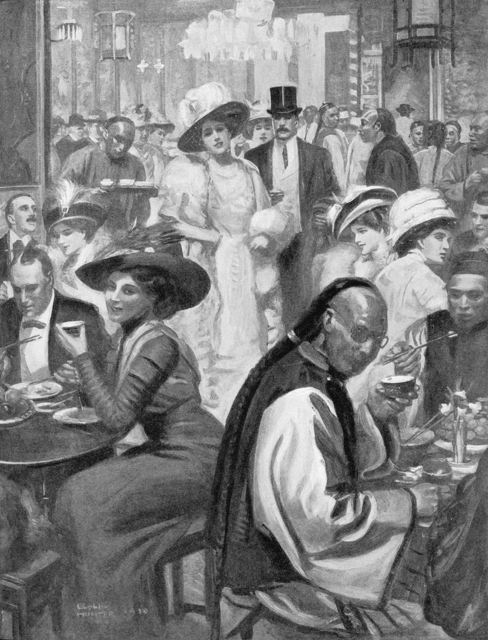 A mais recente mania da sociedade americana, os nova-iorquinos jantando em um restaurante chinês, ilustração da revista "The Graphic", 1911 de George Leslie Hunter