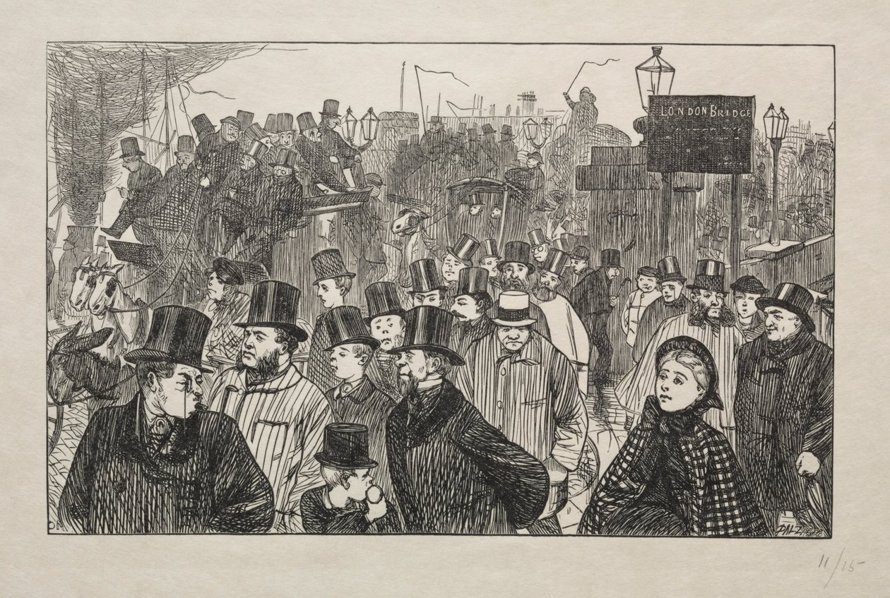 O córrego vivo na ponte de Londres - na ponte, 1863. de George Louis Palmella Busson Du Maurier