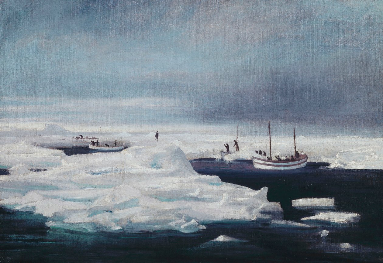 James Caird, Dudley Docker e Stancomb Wills atracados ao bloco de gelo no Mar de Weddell, abril de 1916 de George Marston
