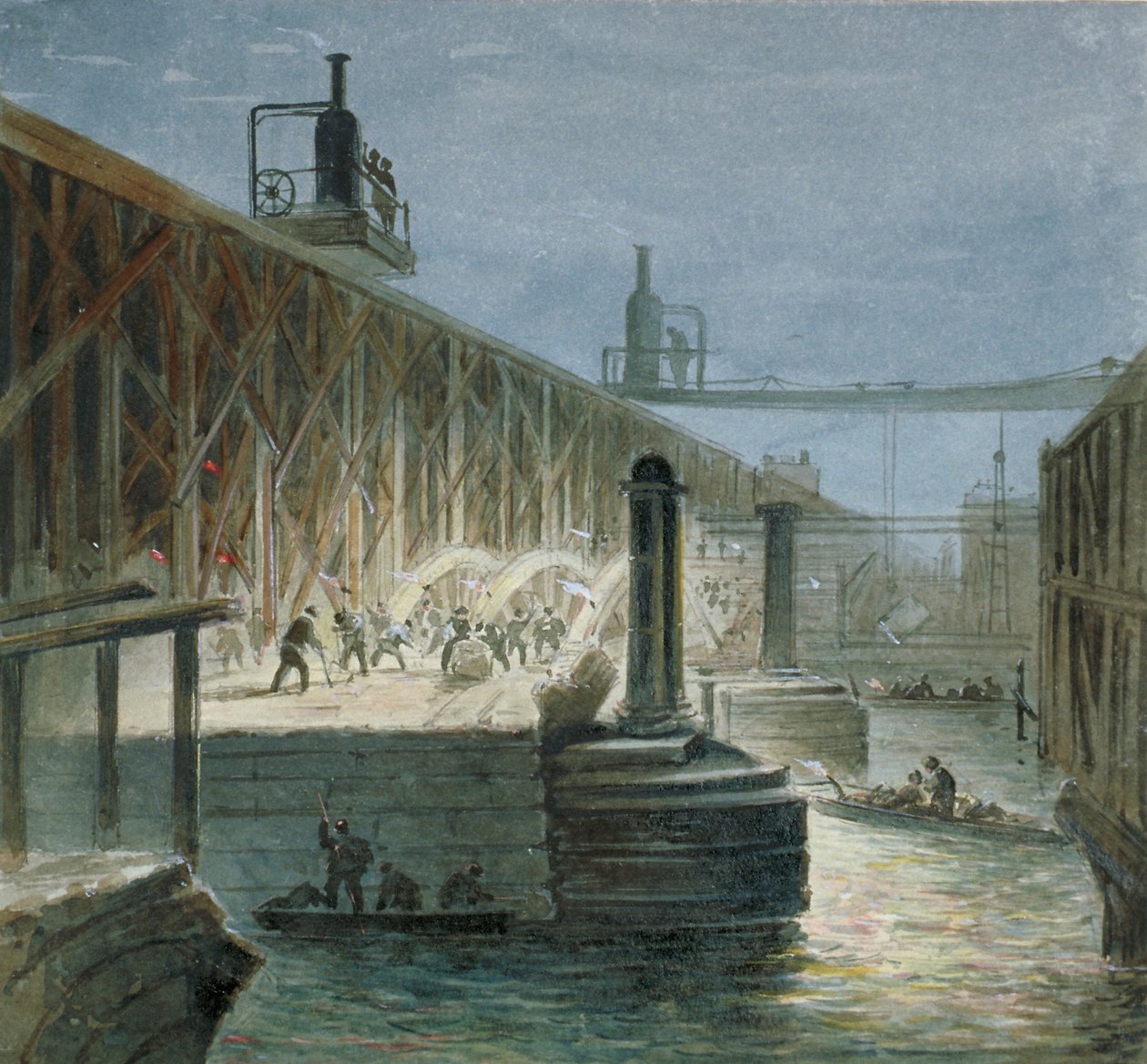 Trabalho de demolição sendo realizado em Blackfriars Bridge da costa de Surrey, Londres, 1865 de George Maund