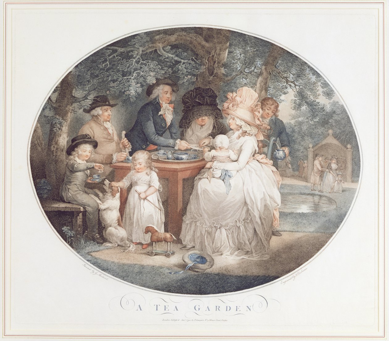 Um Jardim de Chá, gravação a cores de pontos de Morland por François David Saron (nascido em 1764) de George Morland