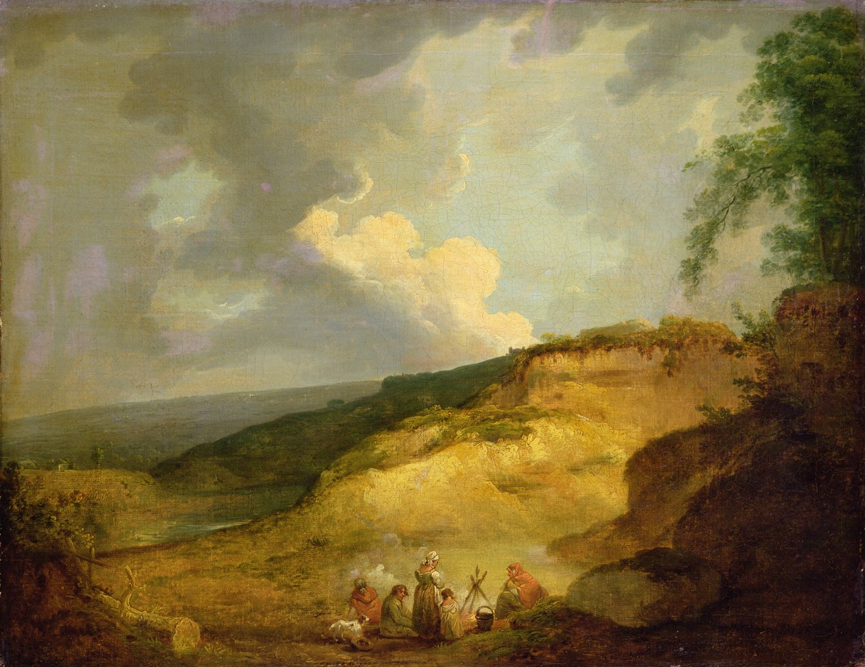 Uma Extensa Paisagem Montanhosa com um Acampamento Cigano em Primeiro Plano (óleo sobre tela) de George Morland