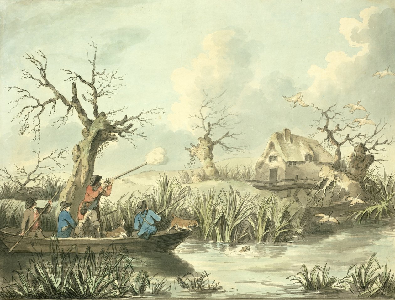 Tiro ao Pato, gravado por Thomas Rowlandson (1756-1827), pub. por J. Harris, 1789 (gravura colorida) (veja também 125725-27) de George Morland
