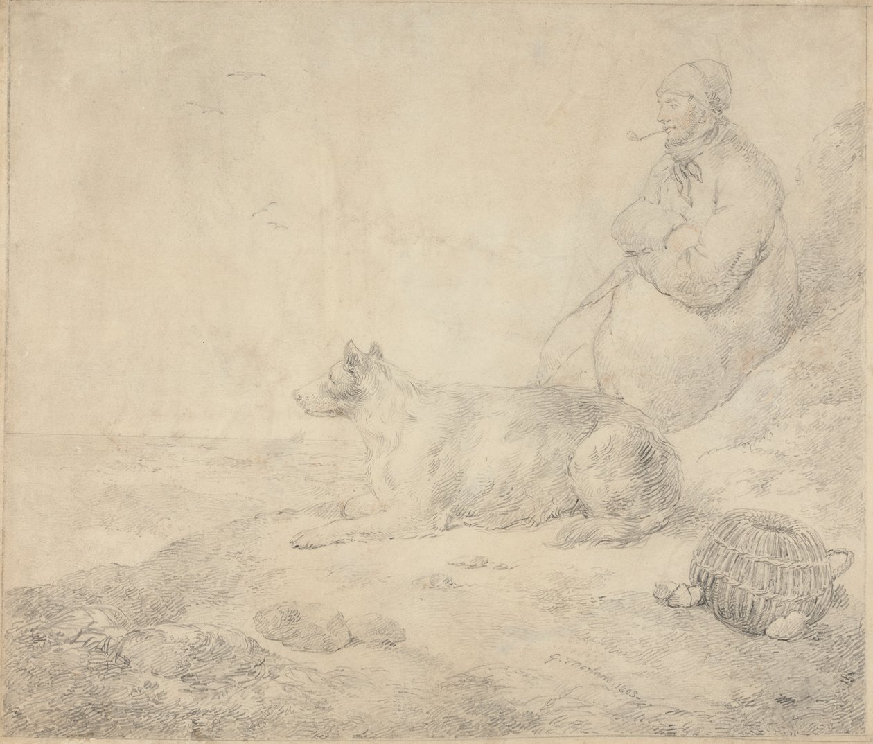 Pescador e cão sentado à beira-mar de George Morland