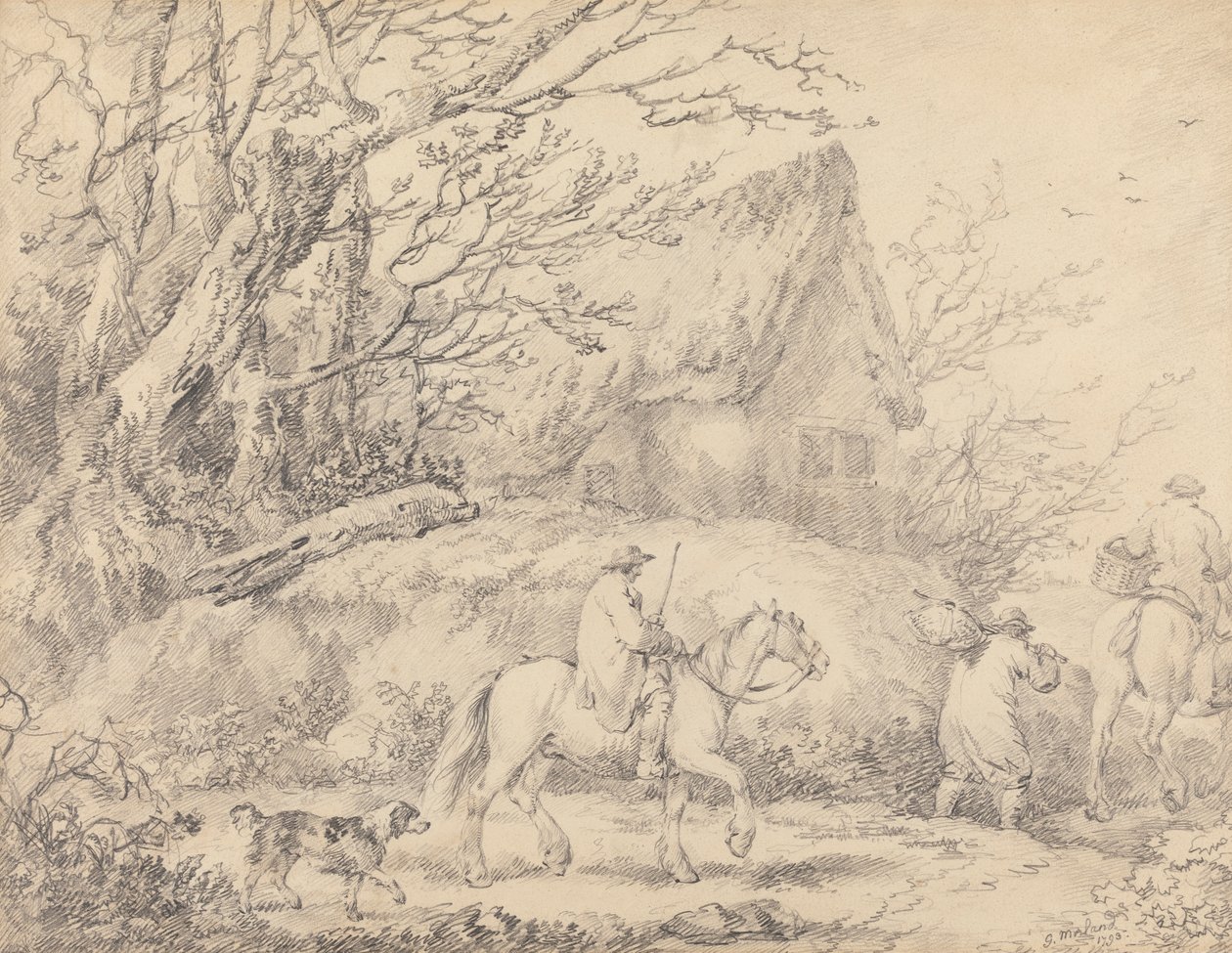 Paisagem com casas de campo e figuras a cavalo de George Morland