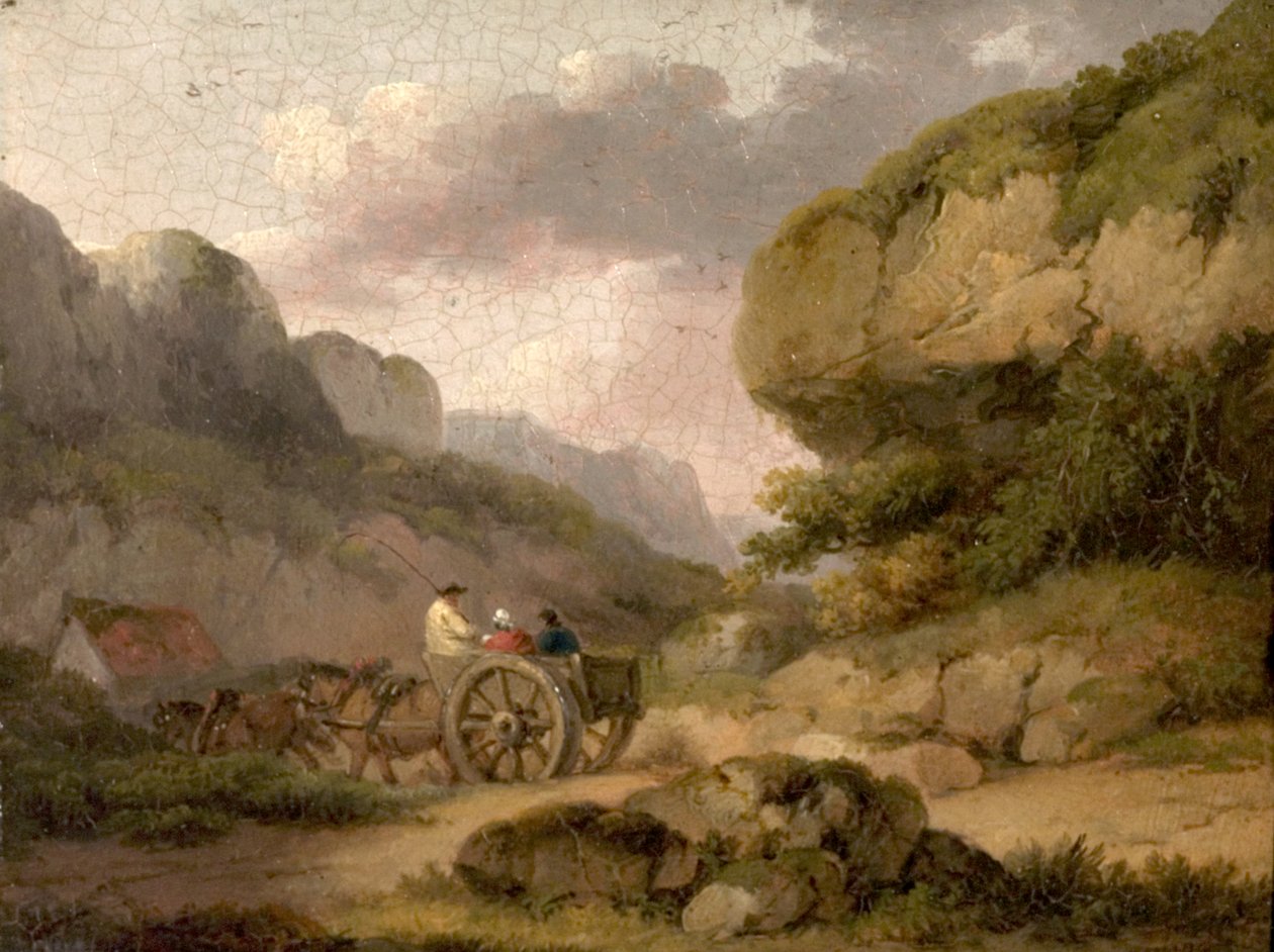 Paisagem com cavalos, carrinho e figuras de George Morland