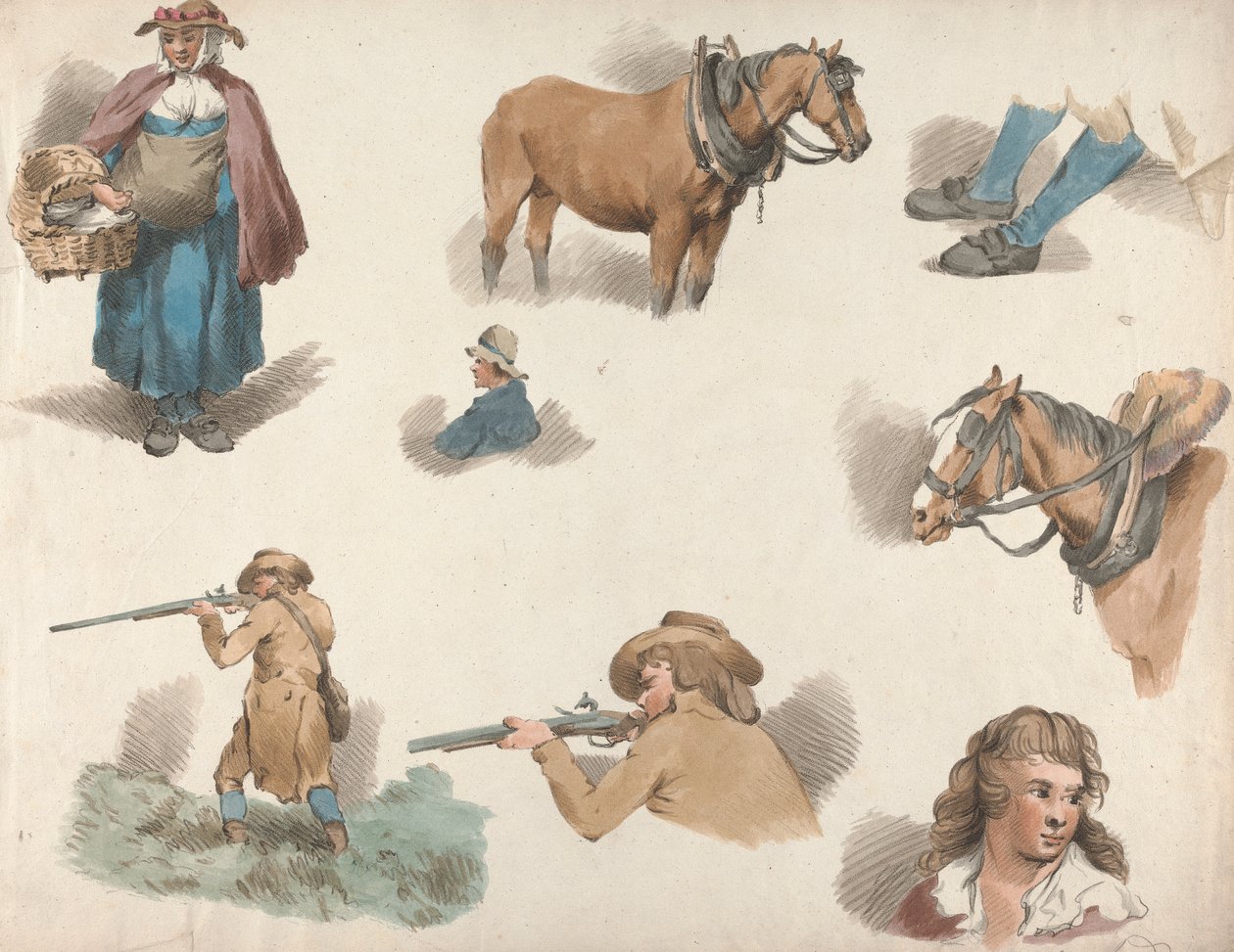 Conjunto de Cinco: Oito estudos: Mulher com Cesto, Cavalo de Carro Piscado, etc. de George Morland