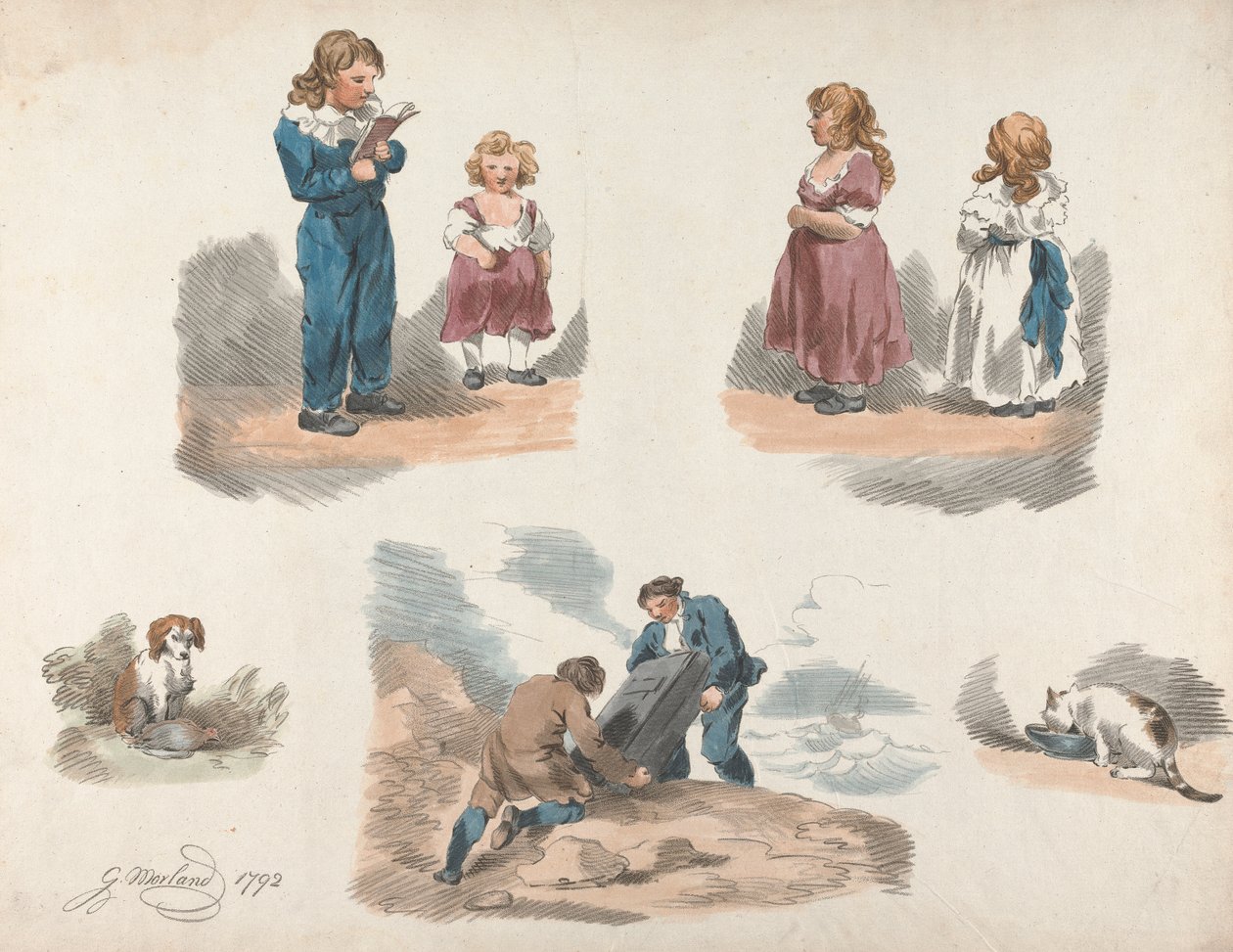 Conjunto de Cinco: Estudos de Crianças, um Cão, um Gato, etc. de George Morland
