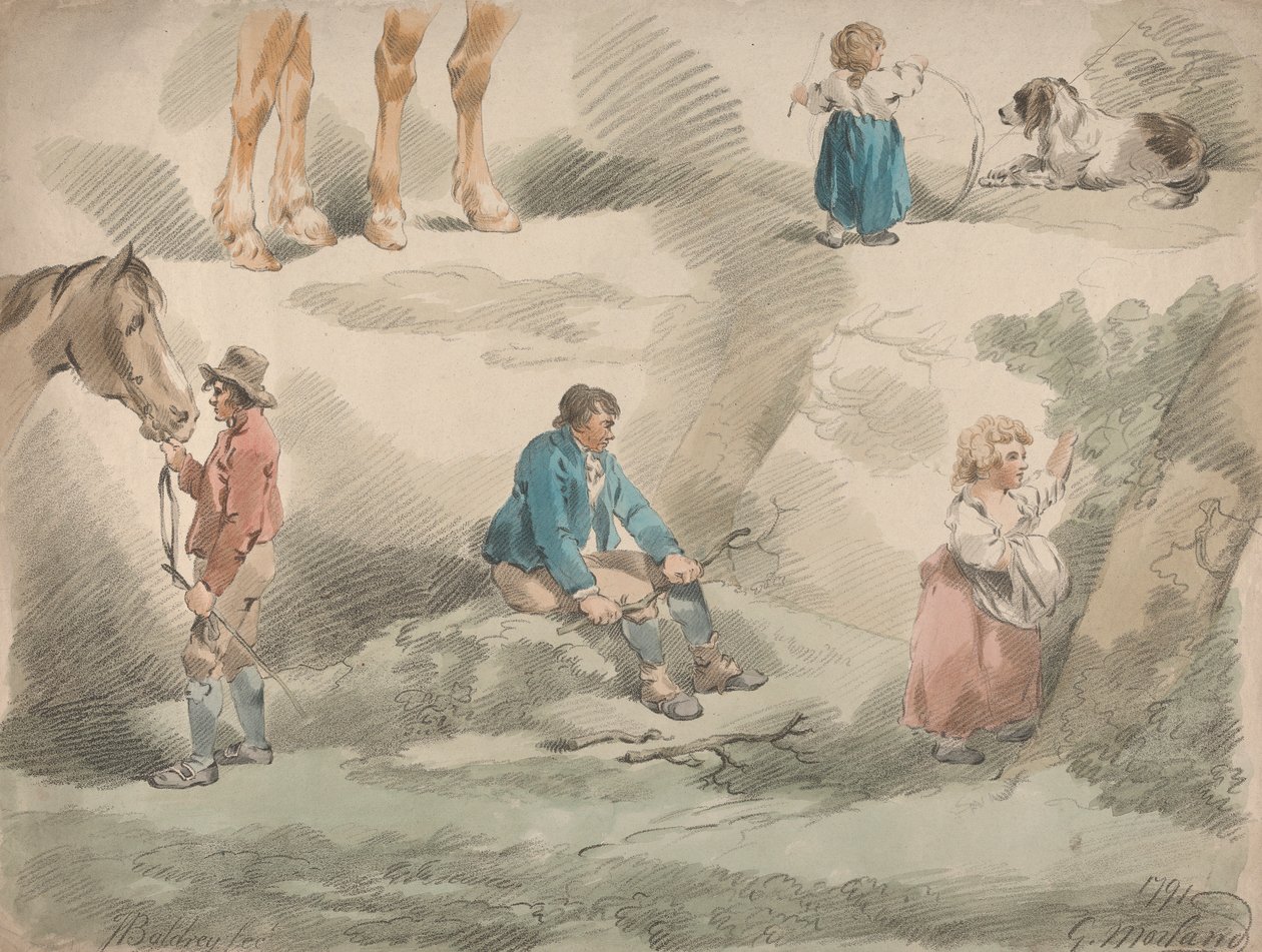 Conjunto de Cinco: Estudos de Meninas, um a brincar com o Hoop, um a apanhar bagas, homem e cavalo, etc. de George Morland