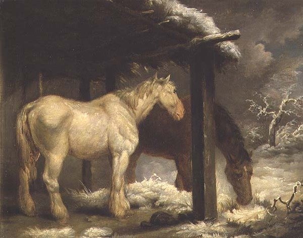 Shire Horses by a Thatched Shelter in a Stormy Wintery Landscape de George Morland