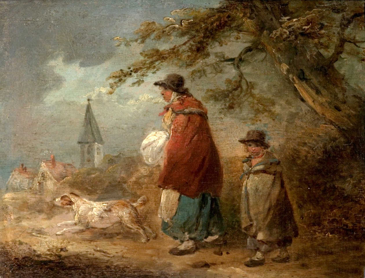 Mulher, criança e cachorro em uma estrada de George Morland