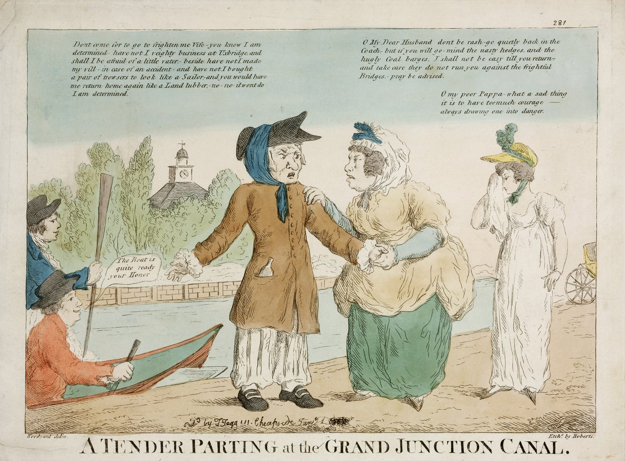 Uma Tender Parting no Canal Grand Junction, gravado por Roberts, 1810s (gravura colorida à mão) de George Moutard Woodward