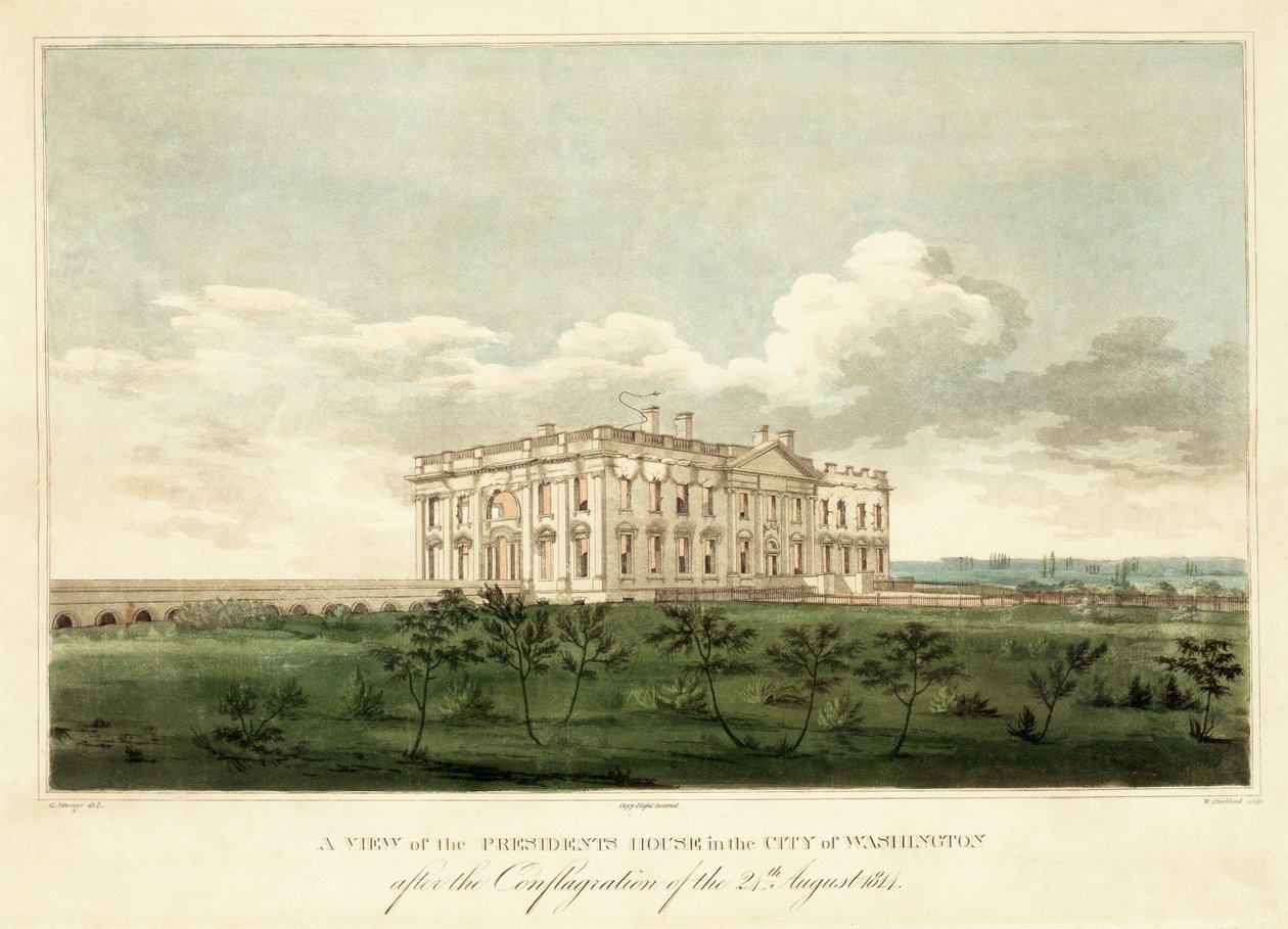 Uma vista da casa dos presidentes na cidade de Washington após a conflagração do 24 de agosto de 1814, bar. 1814 de George Moutard Woodward