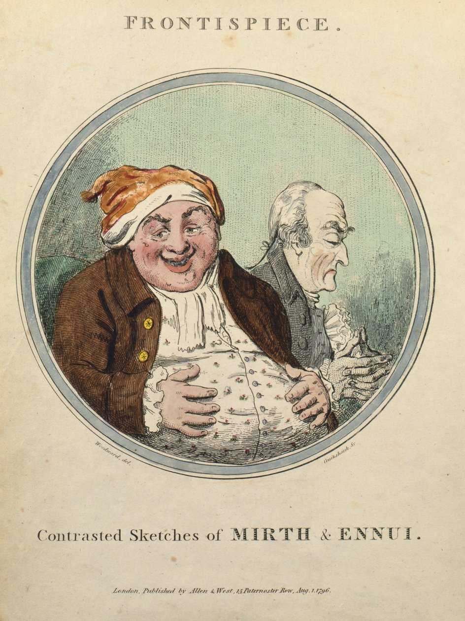 Esboços Contrastados de Mirth e Ennui (gravura colorida à mão) de George Moutard Woodward